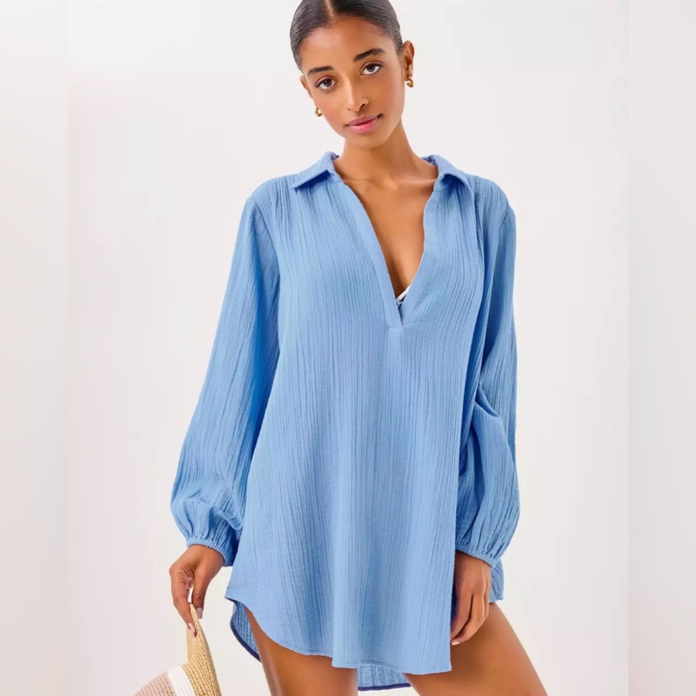 Nwt Lilly Pulitzer Blue Tunic Top Kique Long Sleeve Cover-Up xL